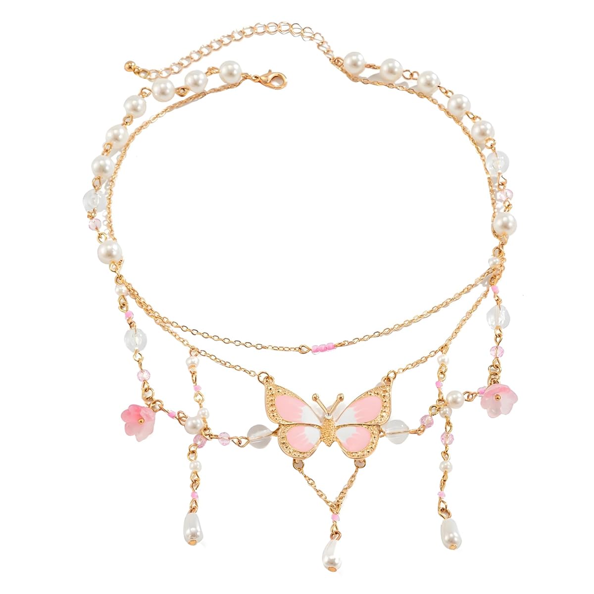 MAYCREATE® Necklace for Woman Pink Butterfly Pendant Necklaces Layered Tassel Beads Pearls Necklace Chain Y2K Sweetly Dopamine Jewelry Gifts for Woman Girls