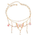 MAYCREATE® Necklace for Woman Pink Butterfly Pendant Necklaces Layered Tassel Beads Pearls Necklace Chain Y2K Sweetly Dopamine Jewelry Gifts for Woman Girls