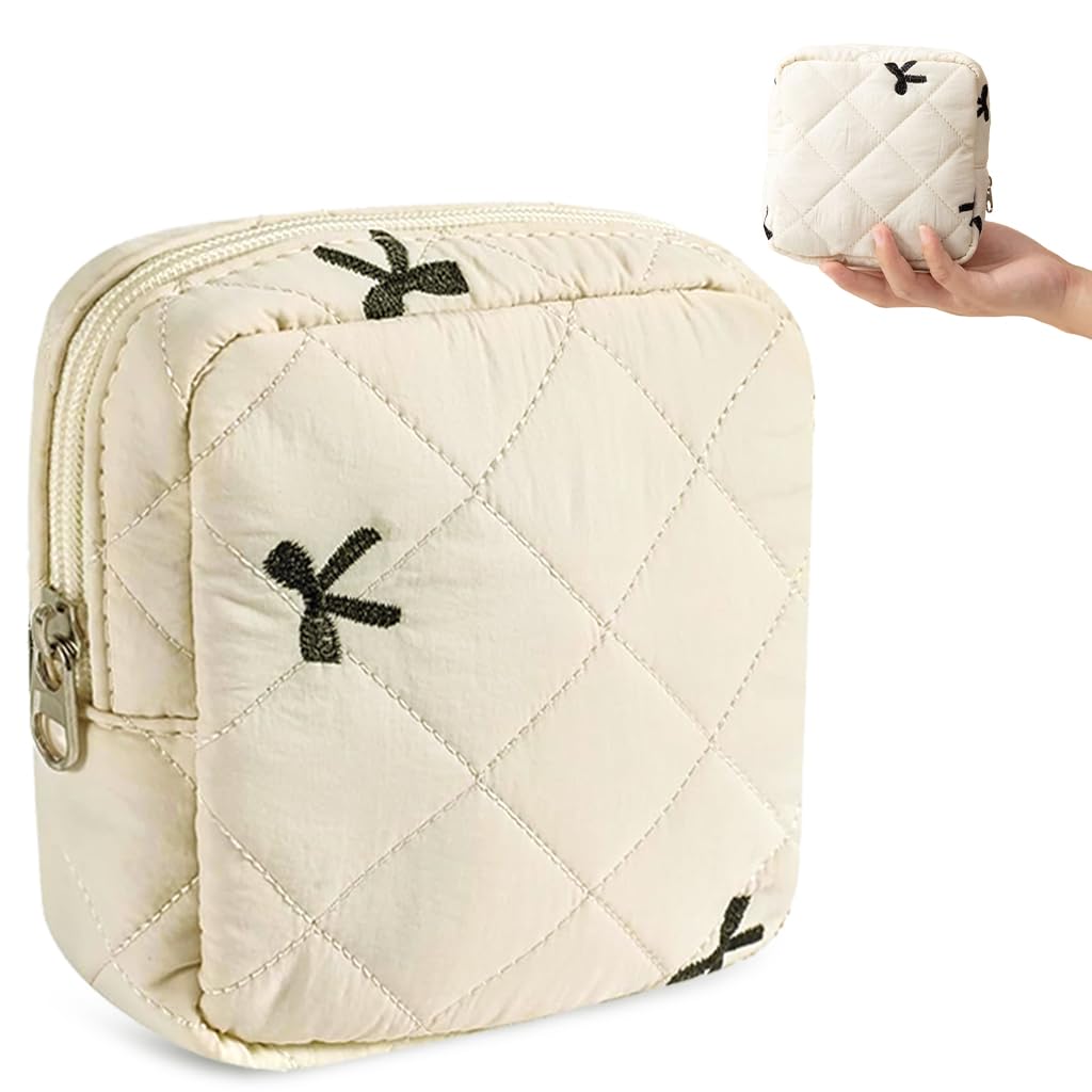 MAYCREATE® Small Pouches for Women, Cotton Quilted Lipstick Small Makeup Pouch, Sanitary Pads Storage Zipper Cosmetic Organizer Bag for Menstrual Supplies, Makeups (14x14cm)