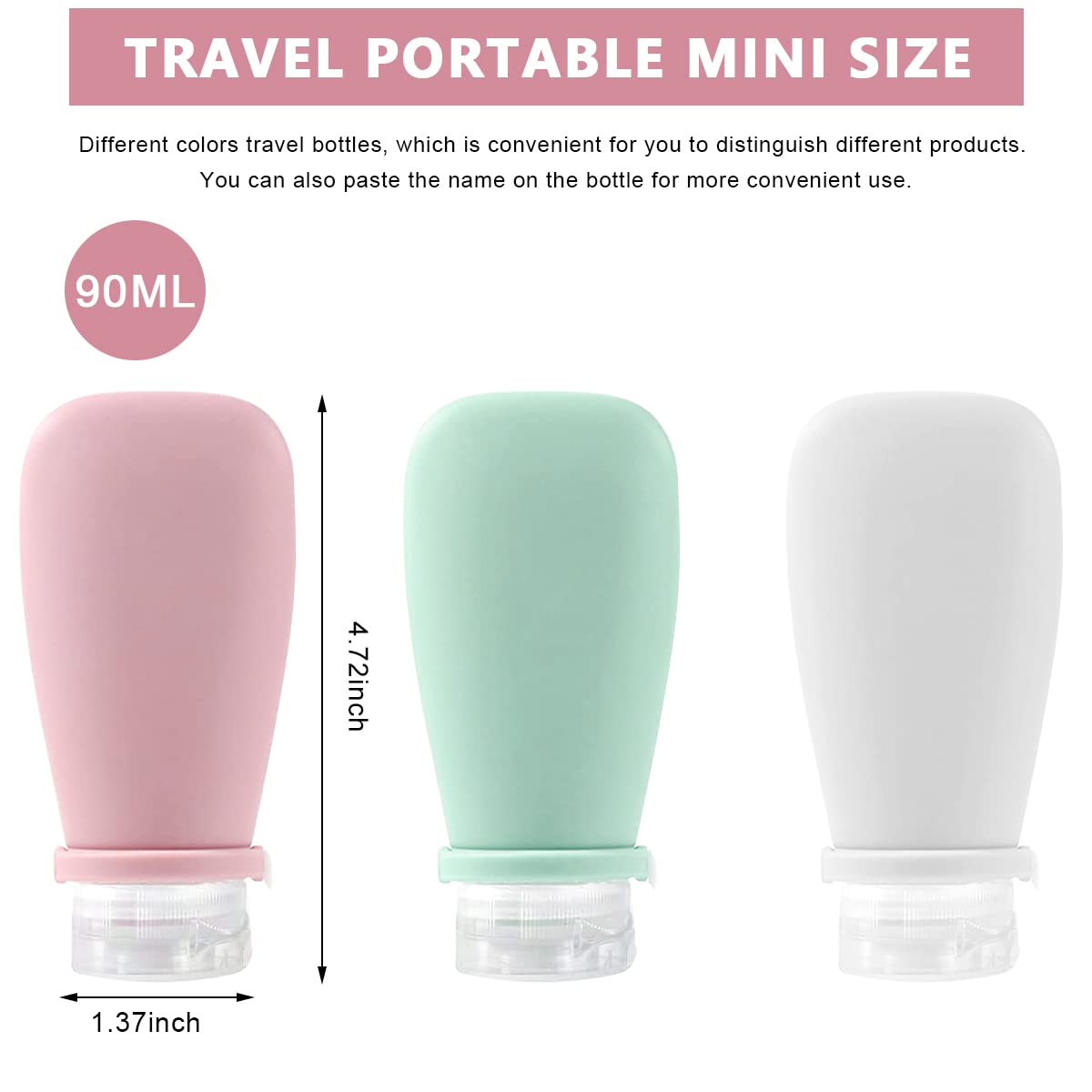 MAYCREATE® 3pcs Travel Toiletries Bottles Kit 90ML Silicone Toiletries Containers with Leakproof Lid, Refillable Body Lotion Dispenser Bottle for Shampoo, Conditioner, Gel, Body Wash