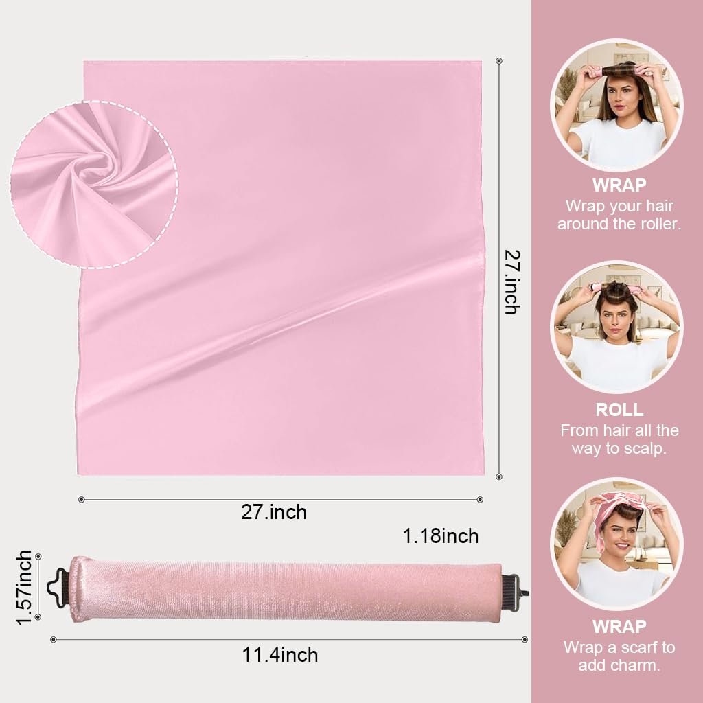 MAYCREATE Heatless Hair Curlers Set for Overnight Styling with Dual Hook & Satin Headscarf | 3pcs Pink Curling Rods for Women