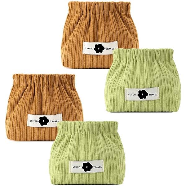 MAYCREATE® 4 Pcs Corduroy Small Pouches for Women Girls, Mini Makeup Purse, Jewelry Coin Organiser, Squeeze Open, Travel Hair Accessories Storage Bags, 13x12x5cm, Coffee & Green