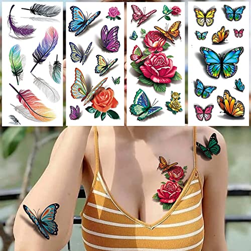 MAYCREATE® 40 Sheets Waterproof Temporary Tattoos Sticker for Women Color Flowers Roses Butterflies Assorted Tattoo for Arm 120 PCS