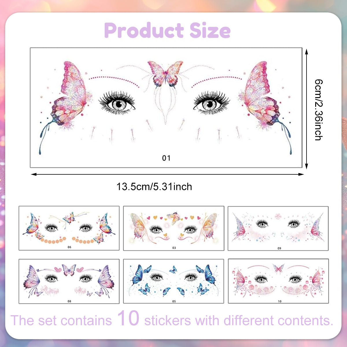 MAYCREATE 10 Sheets Butterfly Tattoo Sticker Colorful Glittering Butterfly Face Temporary Tattoos for Women Girls Waterproof Mehendi Tattoo Sticker for Eyes, Face, Hands, Body, Make Up