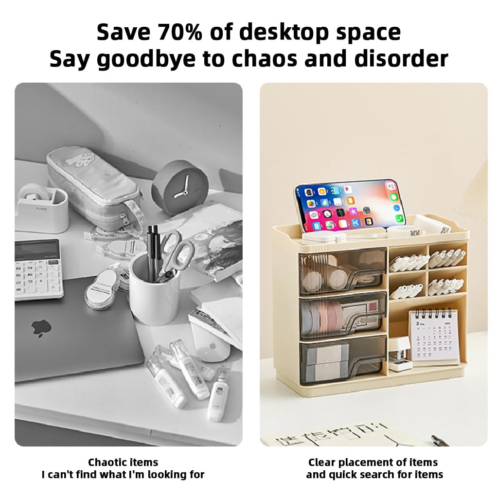 MAYCREATE Desk Organizer for Makeup and Stationery featuring Triple Drawer System | 23.2x11x19.4 cm Multi‑Compartment Storage Box