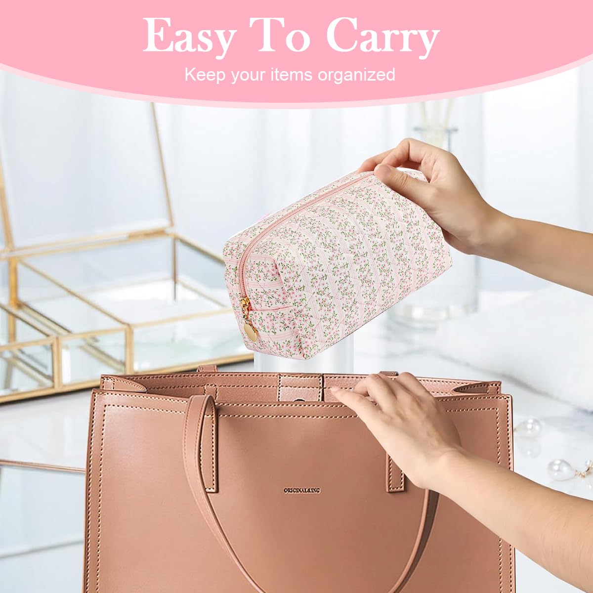 MAYCREATE Makeup Organizer Bag for Travel with Soft Zipper Closure, 20.5x9x9.5cm Pink Floral Pouch | Ideal Gift for Women