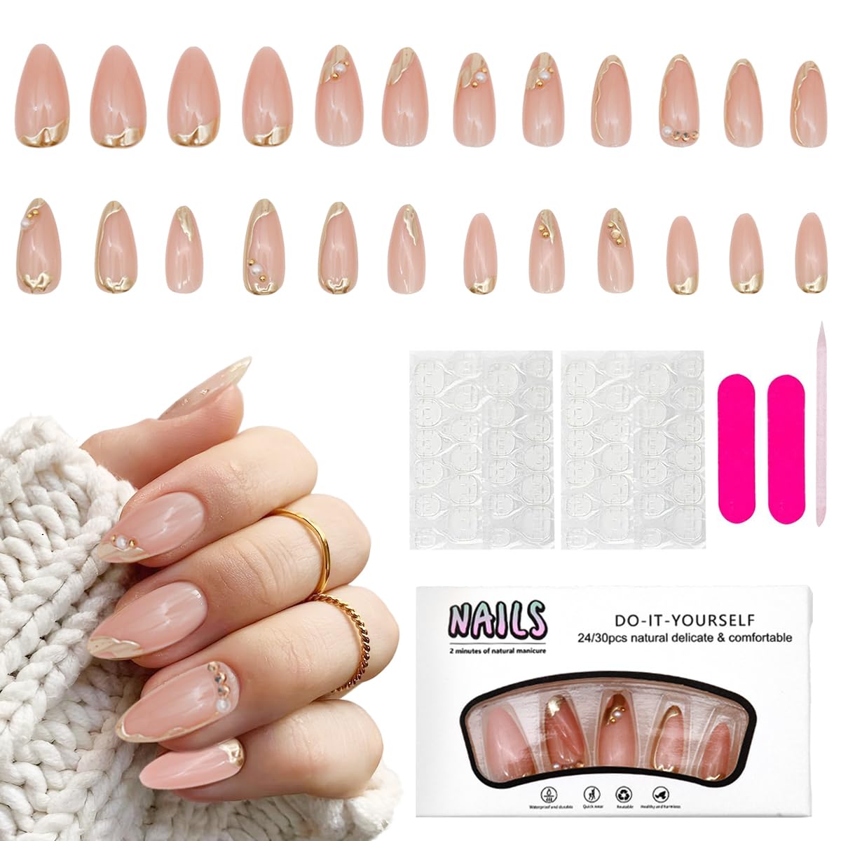 MAYCREATE Press On Nails for DIY Nail Art featuring 3D Embossed Almond Design 24 Pcs Set