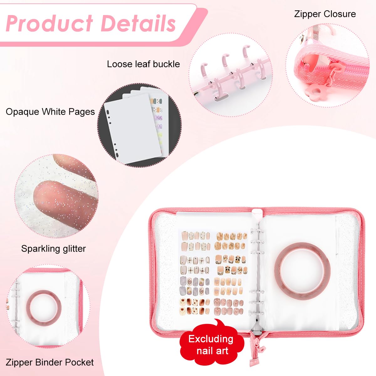 MAYCREATE Press On Nail Organizer with 4 Insert Pages and Acrylic Tape, Pink | Reusable A5 Nail Storage Book
