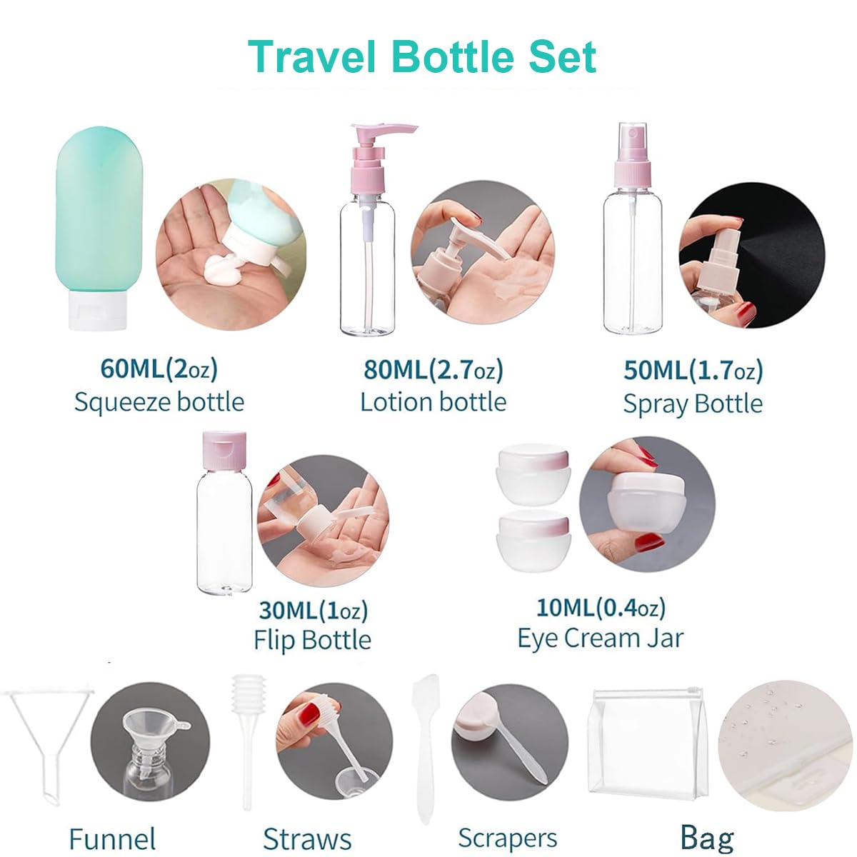 MAYCREATE Travel Bottles Set for Toiletries with Leakproof Recyclable PET Design | 11Pcs Containers