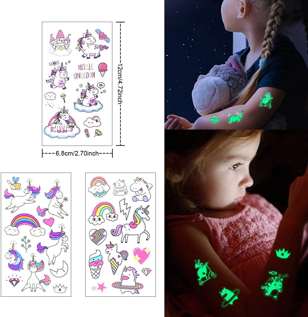 MAYCREATE Waterproof Cartoon Temporary Tattoo Stickers 20 Sheets with Glow Effect for Kids | Unicorn Mermaid Dinosaur Party Gift