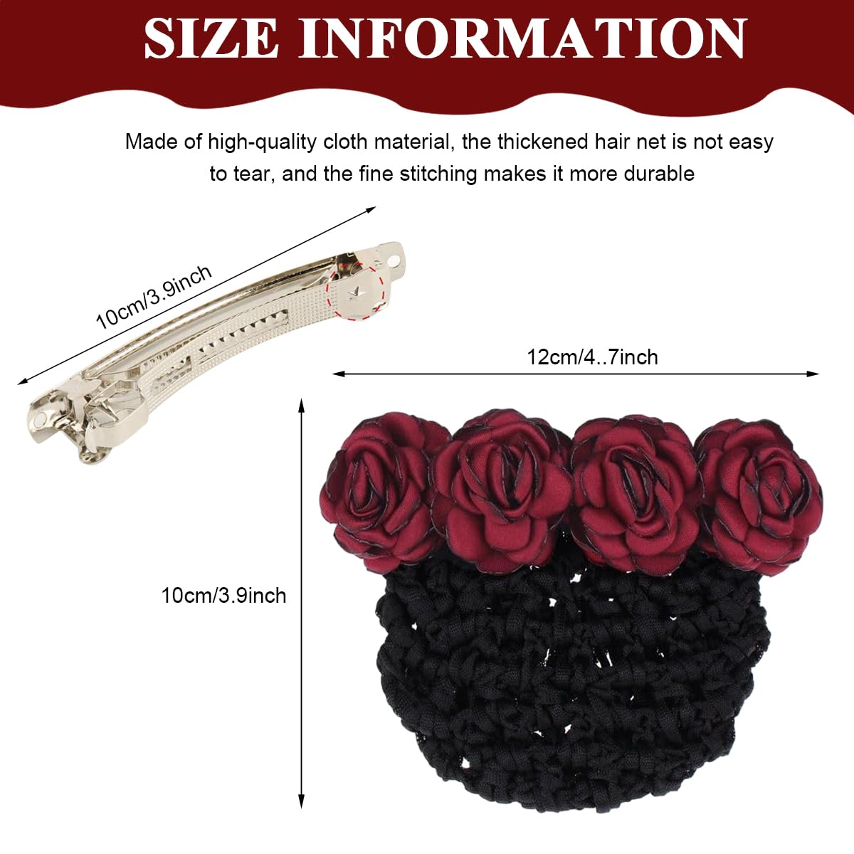 MAYCREATE Women Hair Clip for Work and Daily Use with Rose Flower Bun Net | Red Hair Accessory