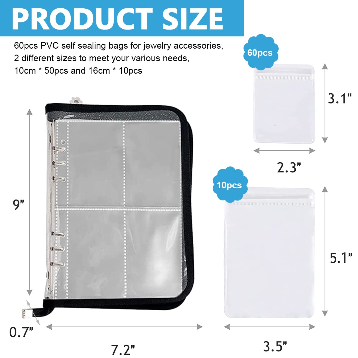 MAYCREATE Jewelry Organizer for Travel with 60 PVC Pouches and Zipper Binder | Transparent Storage Book