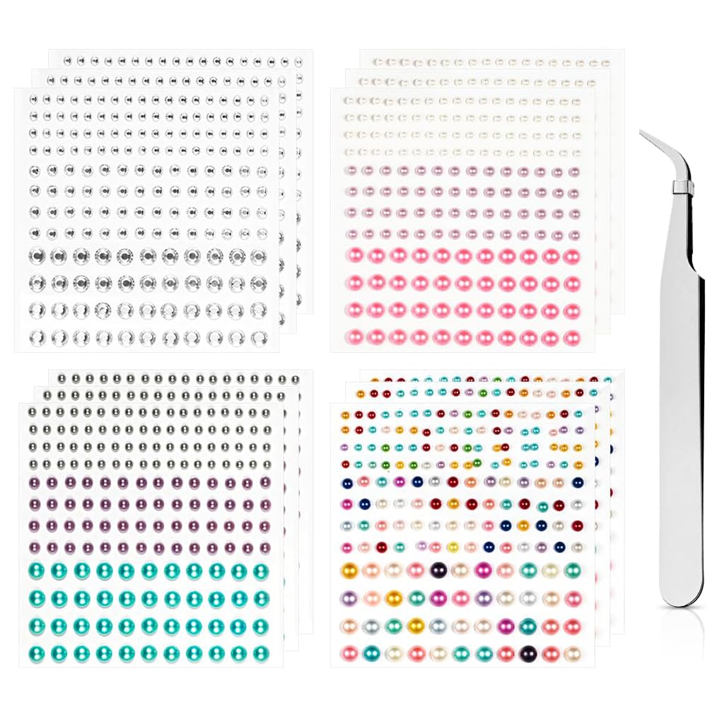 MAYCREATE Pearls Face Gems for Makeup and DIY Crafts with 12 Sheets 2064 pcs | Self Adhesive Acrylic Stickers