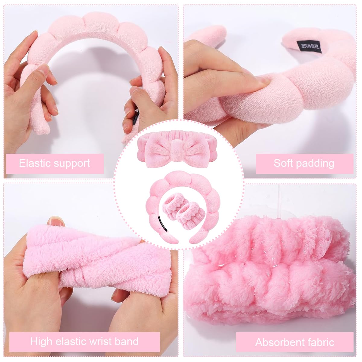 MAYCREATE Face Wash Headband Set for Skincare with Flannel Wristbands and Sunflower Edge | Pink 4Pcs Combo for Women