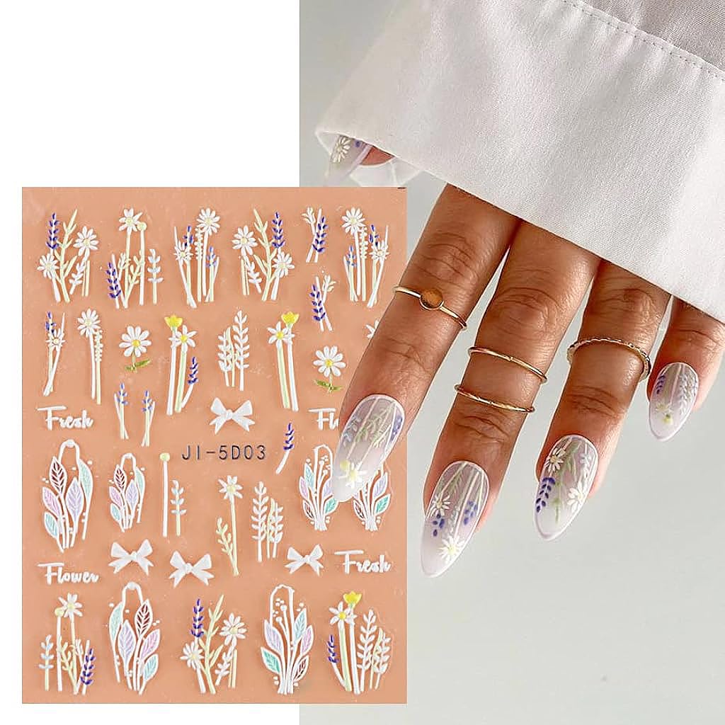 MAYCREATE Nail Art Stickers for DIY Nails featuring 5 Sheets 3D Embossed Flower Designs