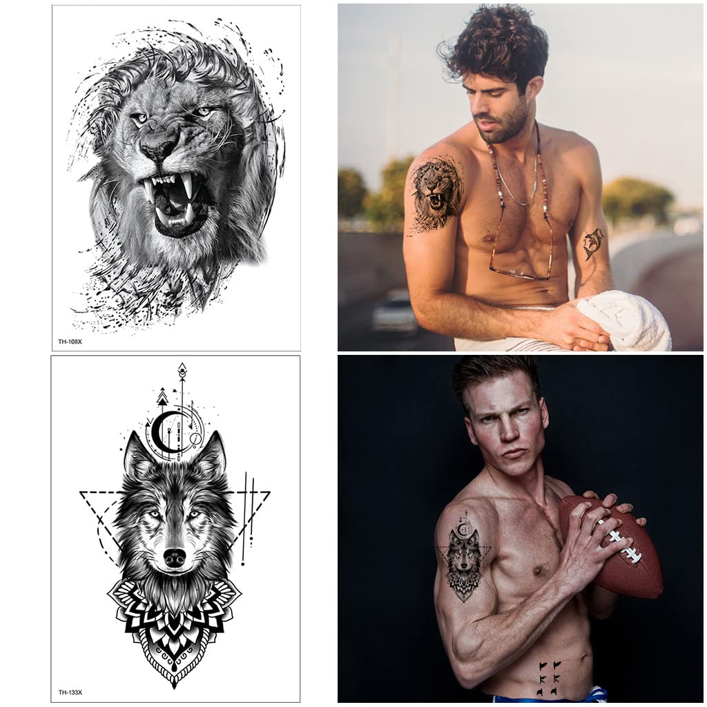 MAYCREATE Temporary Tattoo Stickers for Party and Body Art with 35 Sheets Waterproof Designs | Lion Tiger Wolf Patterns for Men