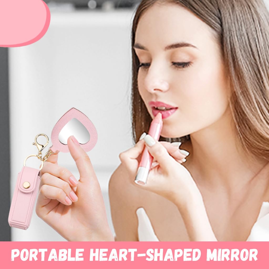 MAYCREATE Lipstick Holder Keychain for Travel with Heart Shape Mirror and Pink PU Case | Gift for Women