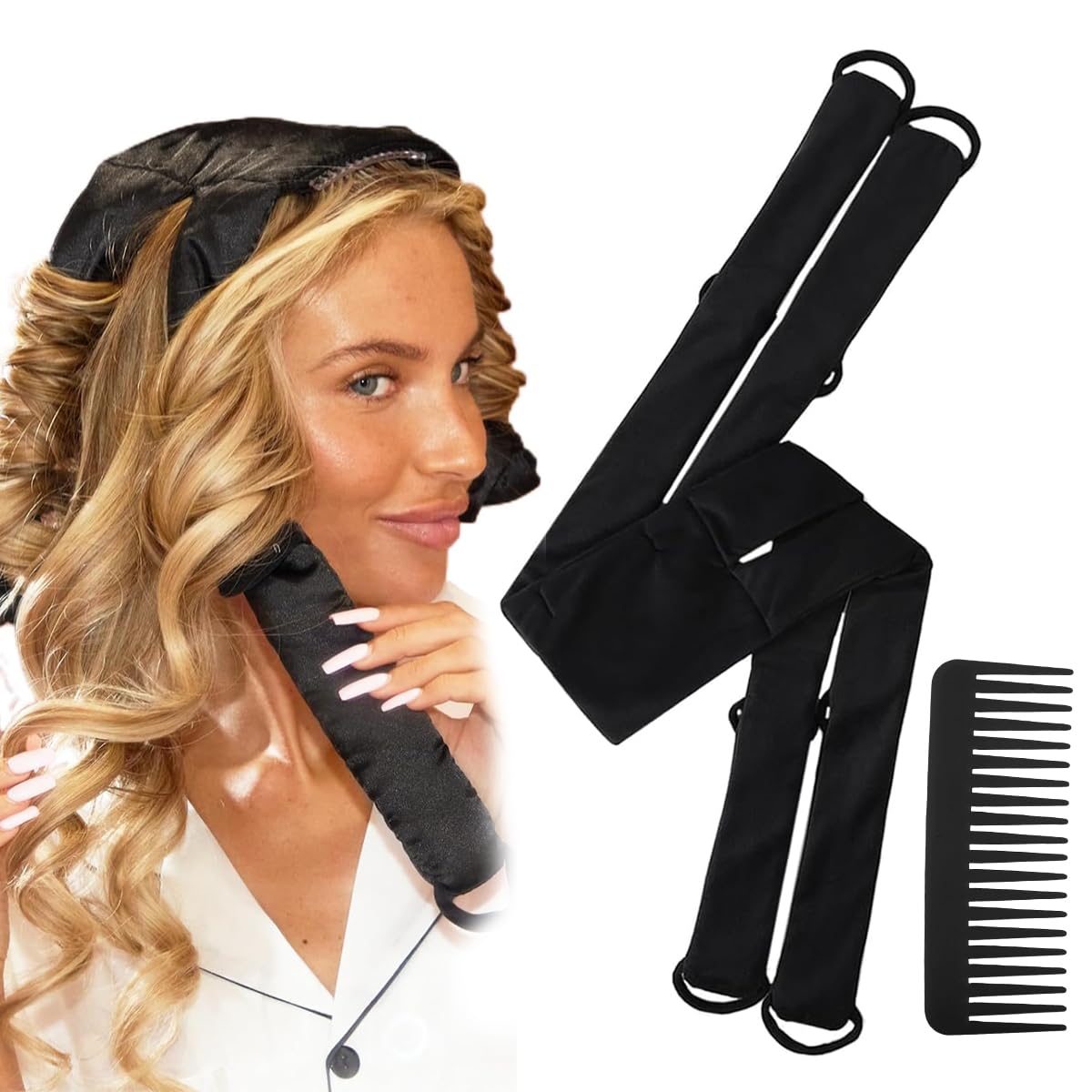 MAYCREATE Overnight Heatless Hair Curler Straps for Travel with Built-in Multi Elastics | Soft Velvet Kit with Comb