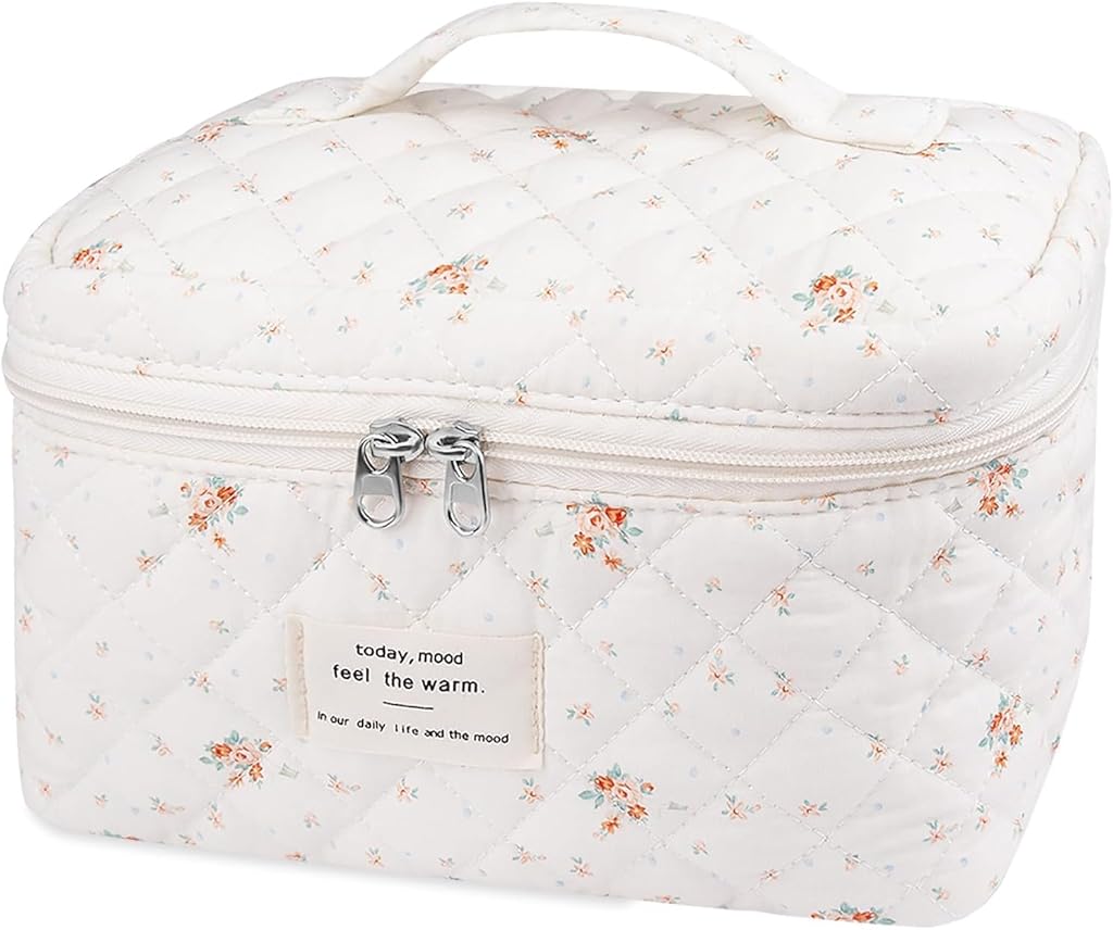 MAYCREATE® Makeup Bag for Women Quilted Cotton Make Up Bag Travel Large Cosmetic Organizer Floral Toiletry Bags Makeup Pouch for Purse-White