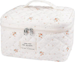 MAYCREATE® Makeup Bag for Women Quilted Cotton Make Up Bag Travel Large Cosmetic Organizer Floral Toiletry Bags Makeup Pouch for Purse-White
