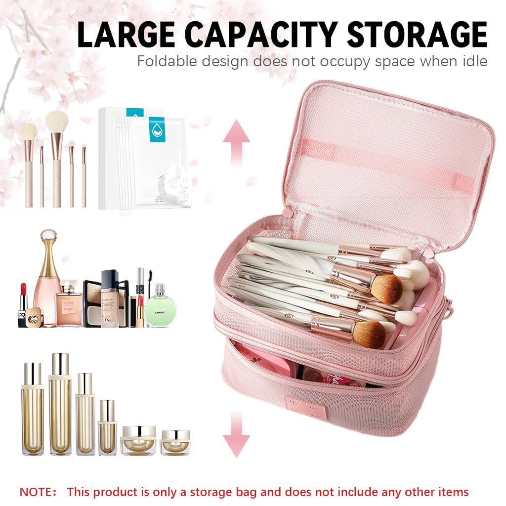 MAYCREATE Makeup Pouch Bag for Travel with Double Layer Organizer Design and Pink Nylon Mesh