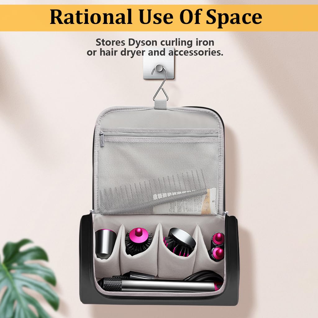 MAYCREATE Travel Storage Bag for Dyson Airwrap featuring 5 Compartments and Hanging Hook | Waterproof PU Organizer for Hair Tools