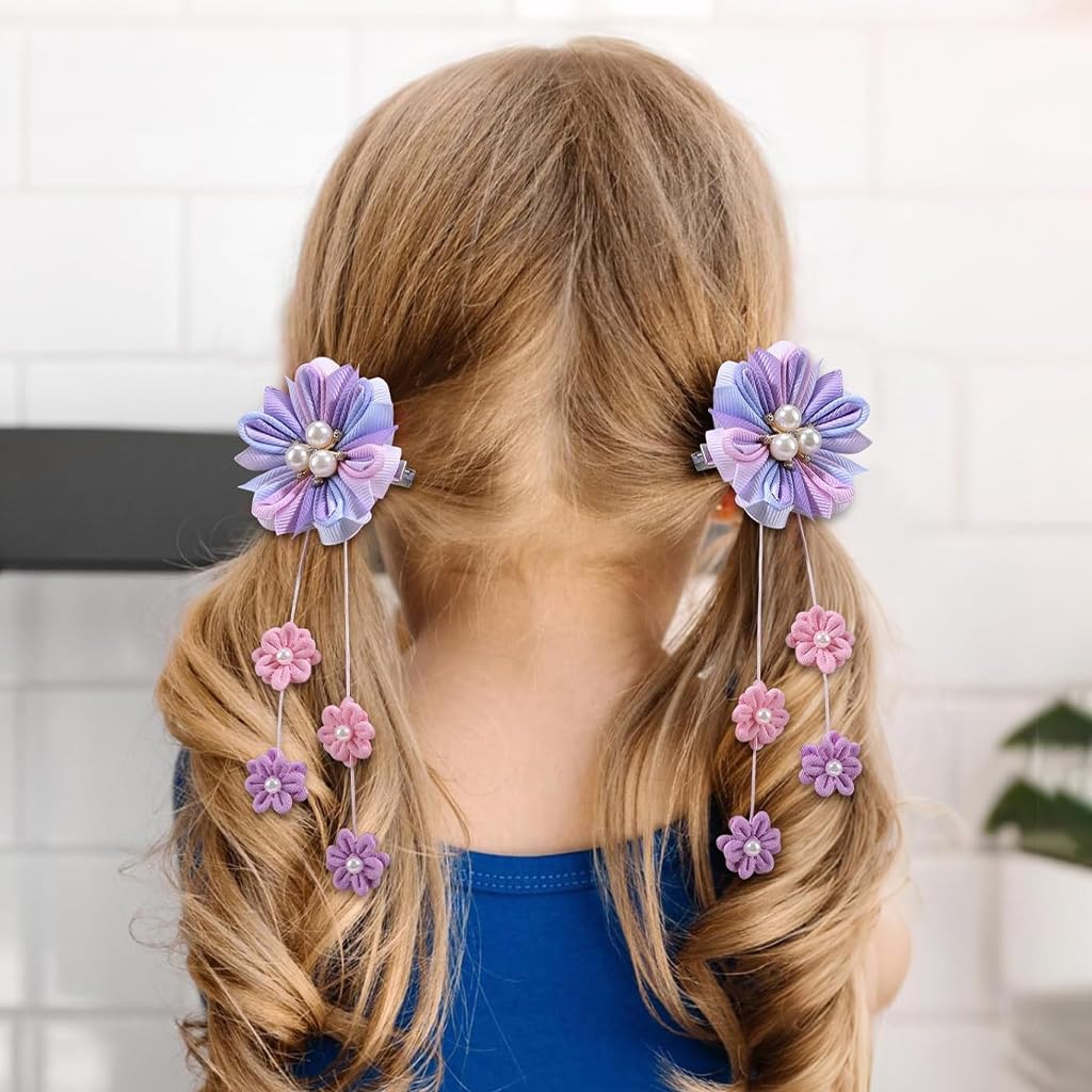 MAYCREATE Hair Bows for Girls with Secure Alligator Clips 4PCS 6 in Grosgrain Ribbon | Purple Floral Accessories for Toddlers and Teens