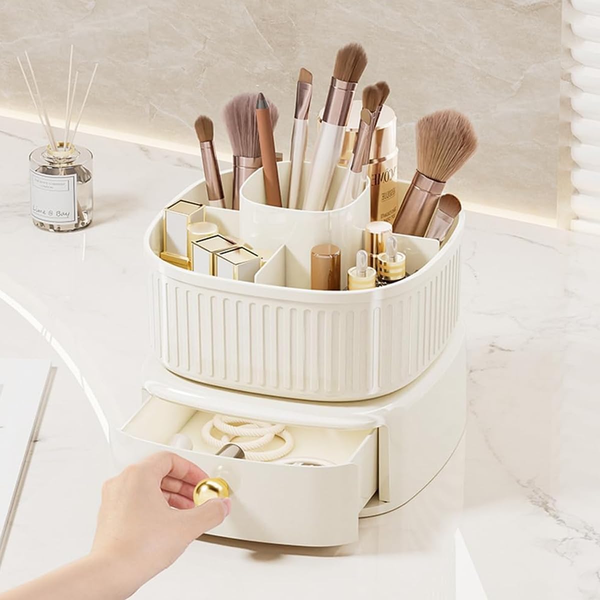 MAYCREATE® Makeup Organizer Box Stand, 360° Rotating Makeup Brush Holder with Drawer, Ivory Cosmetics Display Case Skincare Storage for Vanity Desktop, Bathroom