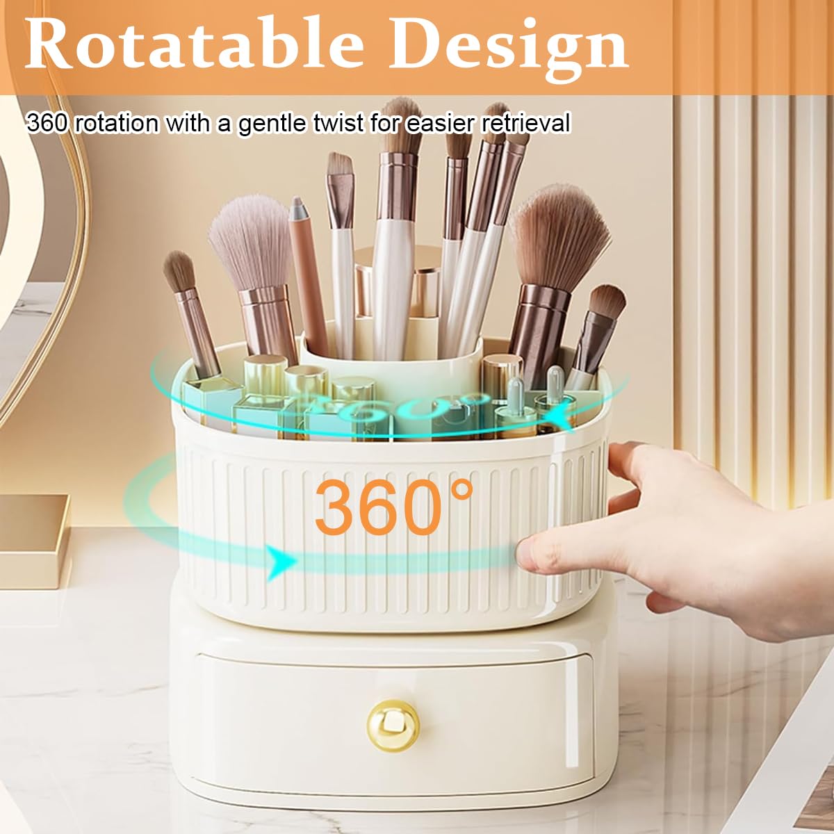 MAYCREATE® Makeup Organizer Box Stand, 360° Rotating Makeup Brush Holder with Drawer, Ivory Cosmetics Display Case Skincare Storage for Vanity Desktop, Bathroom