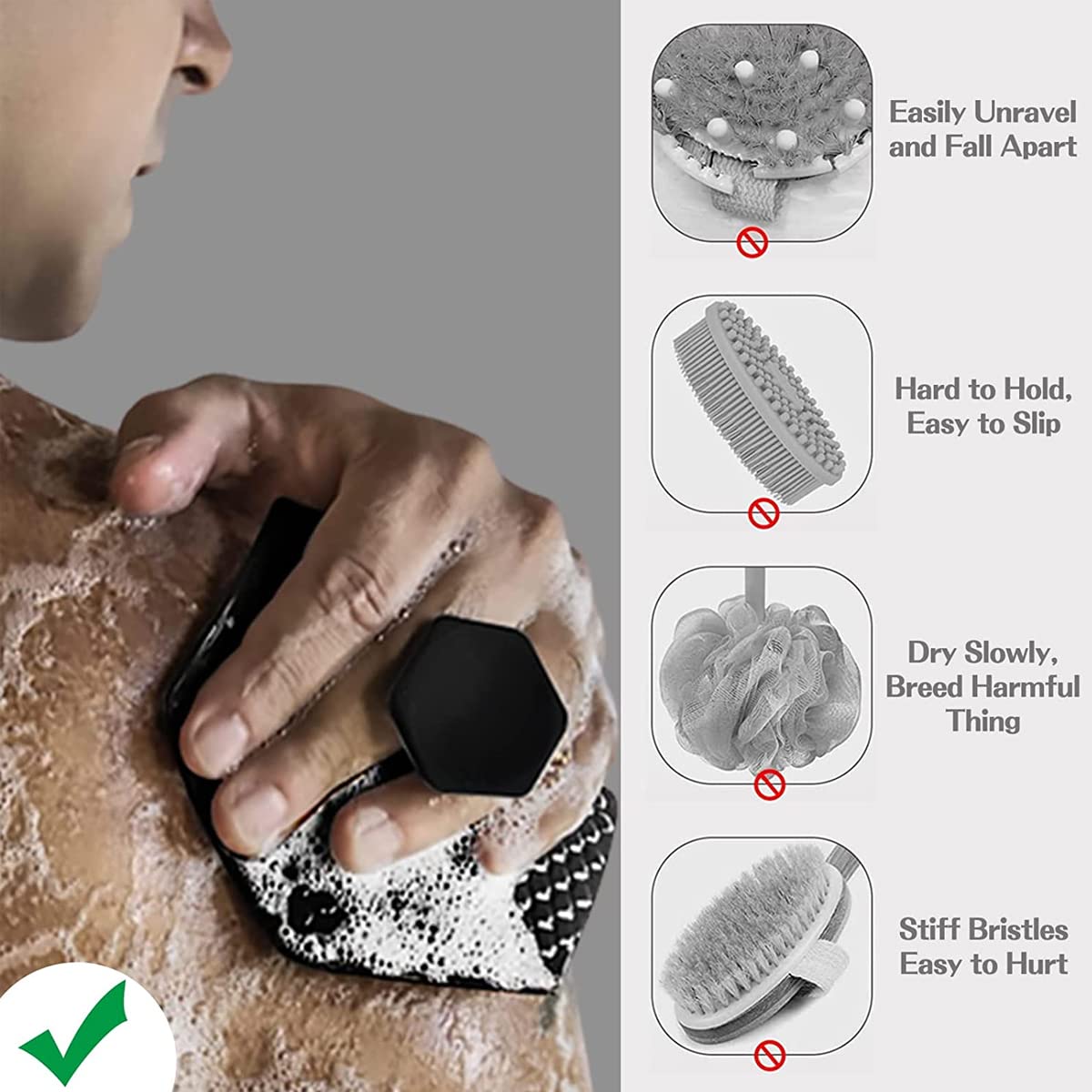 MAYCREATE Silicone Body Scrubber for Shower with Suction Grip and Soft Exfoliating Bristles