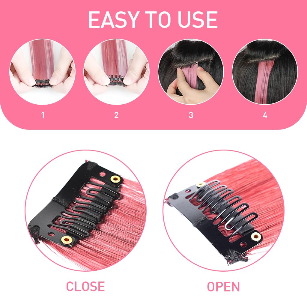 MAYCREATE 10Pcs Hair Extensions for Women Clip Type Colored Straight Synthetic Fiber Tinsel Hair Extensions for Women Black & Pink Party Highlights Hairpiece for Girls Kids -22 inch Long