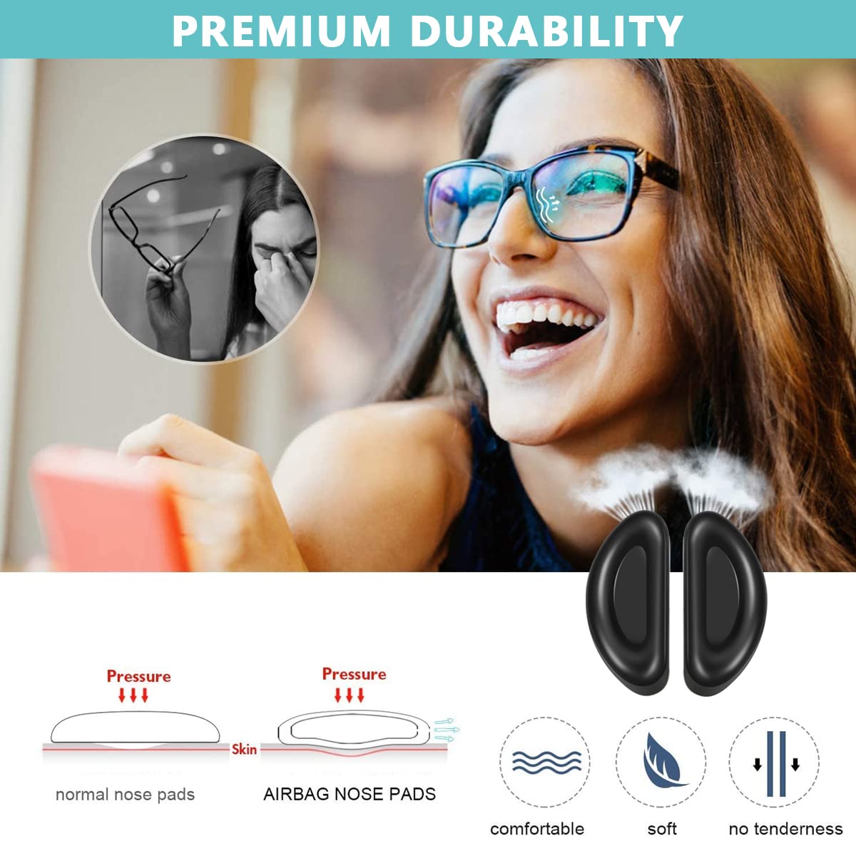 MAYCREATE Adhesive Eyeglasses Nose Pads for Glasses with D Shape 15×6×1.5 mm Black Silicone | 12 Pairs