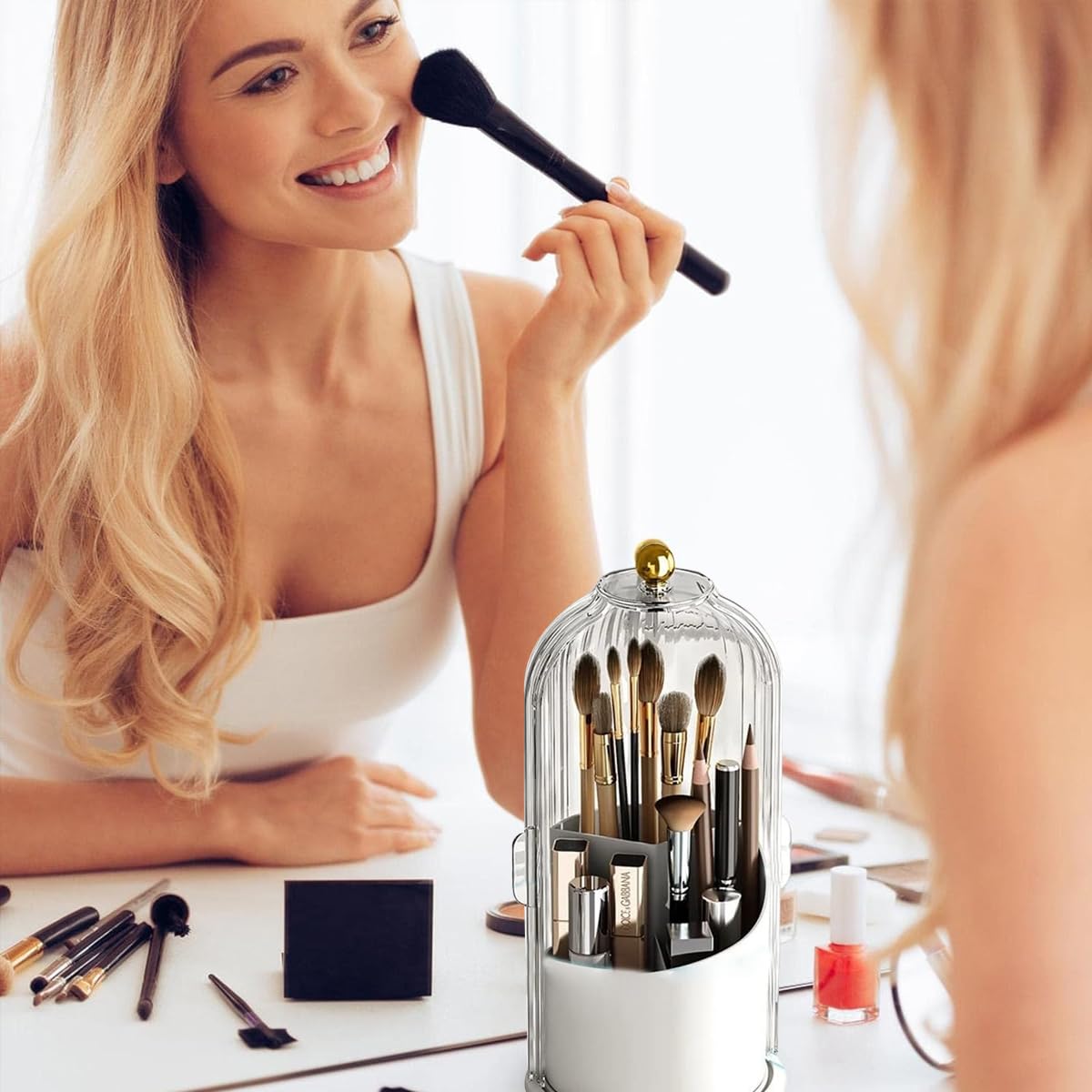 MAYCREATE Makeup Brush Holder for Vanity with 360° Rotatable 3 Grid Design | Clear Lid 12.2×27 cm Plastic Organizer