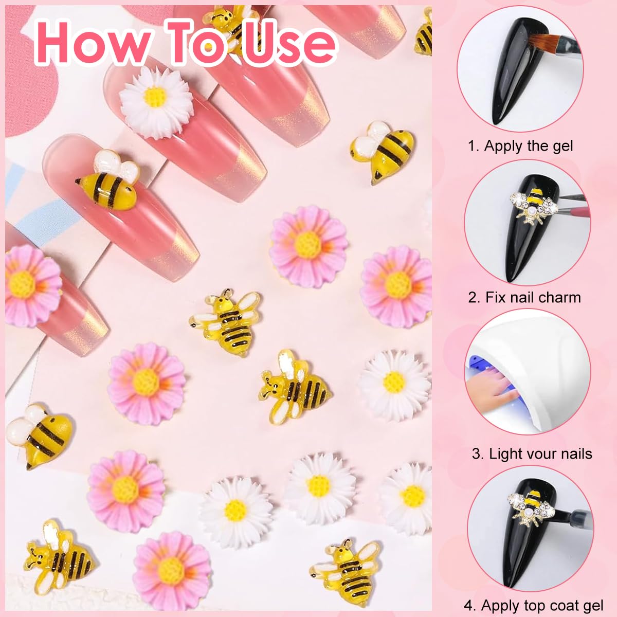 MAYCREATE Nail Art Charms for DIY Decoration featuring 50PCS 3D Gold Alloy Bees & Flowers