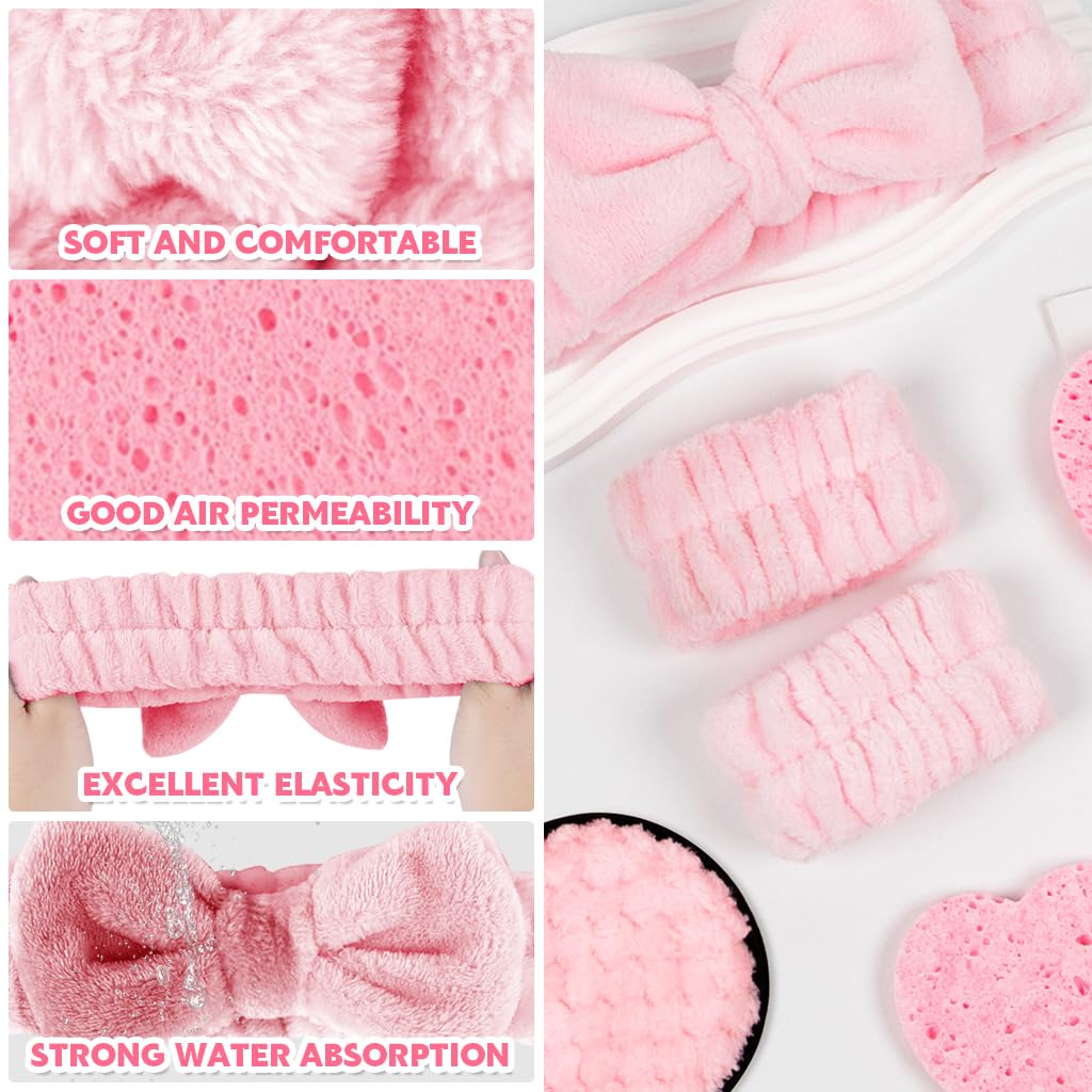 MAYCREATE® 9Pcs Face Wash Kit Face Wash Sponge Pads Pluffy Makeup Remover Pad Pink Bow Face Wash Headband Soft Microfiber Wristband Facial Cleaning Set Facial Supplies