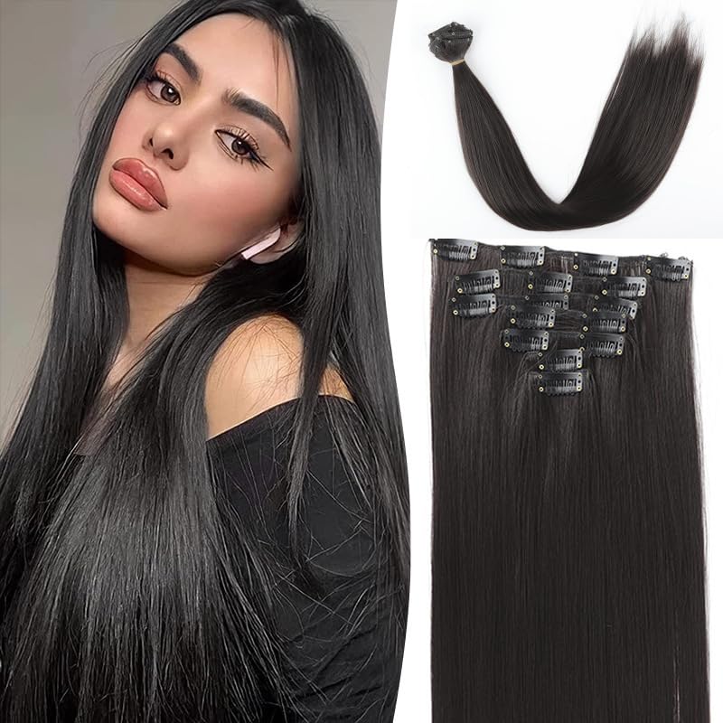MAYCREATE 7Pcs Hair Extensions for WomenClip Type Black Straight Hair Extension Clips for Women Invisible Natural 22'' Long Seamless Hair Extensions Double Weft