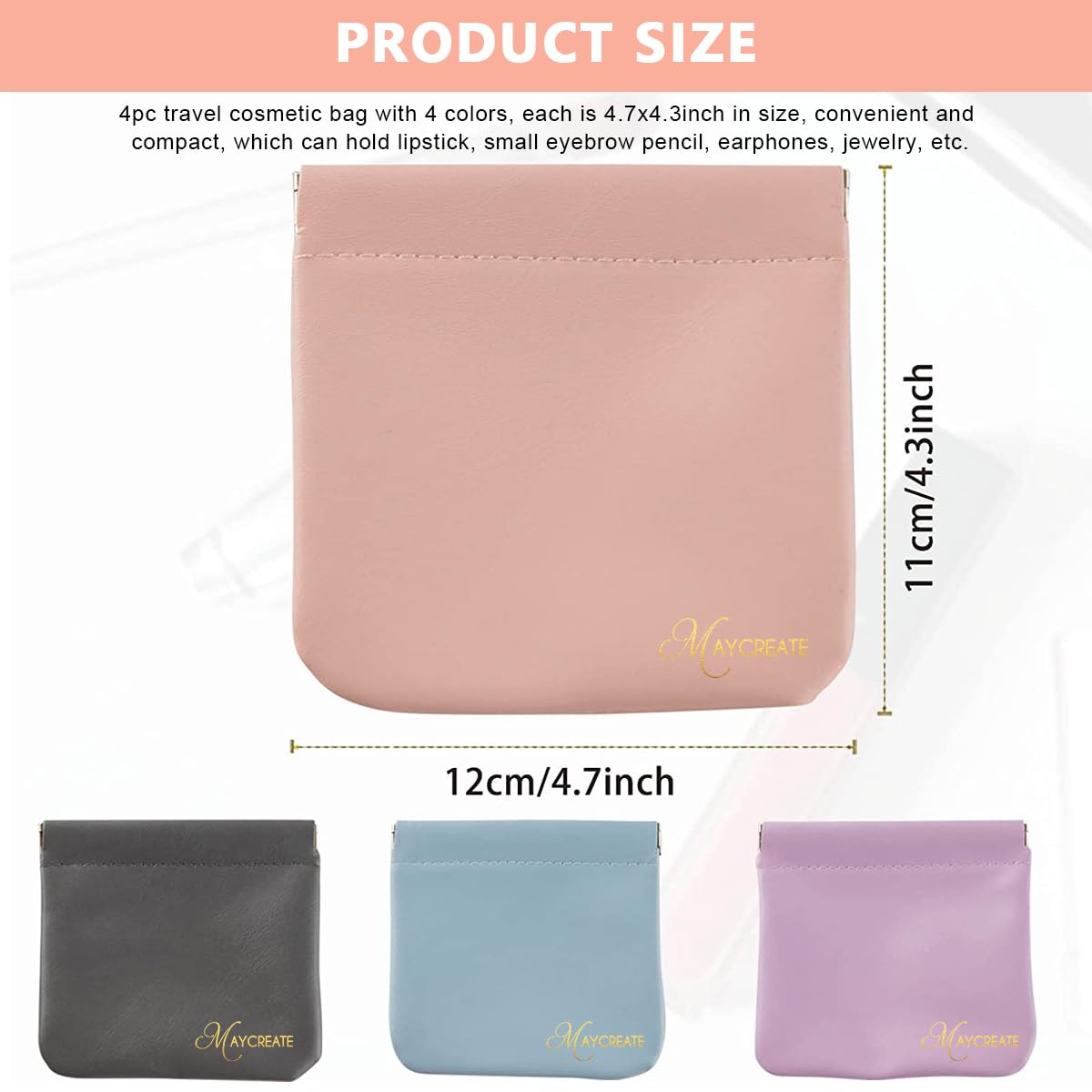 MAYCREATE 4 Pack Mini Makeup Bag Small Pouches For Women Pu Cosmetic Bag Squeeze Top Pocket Storage Pouch For Coin Purse Lipstick Jewelry Accessories (Self-Closing, 4.3X4.7In), Assorted