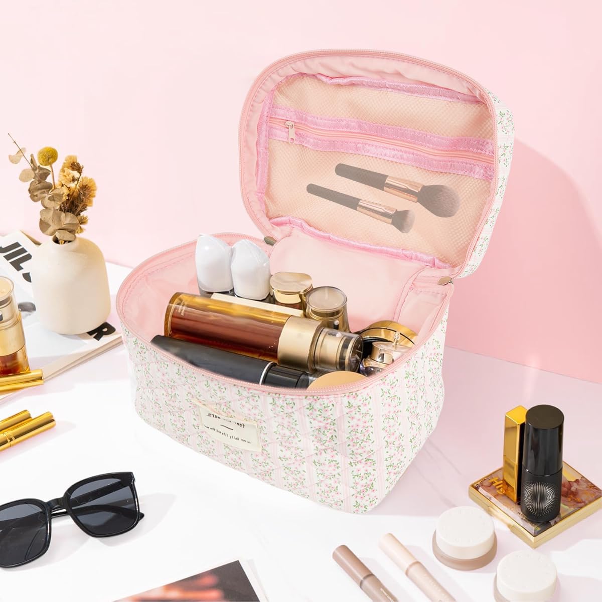 MAYCREATE Makeup Bag for Travel and Office with 25x16x15cm Storage | Soft Cotton Floral Print