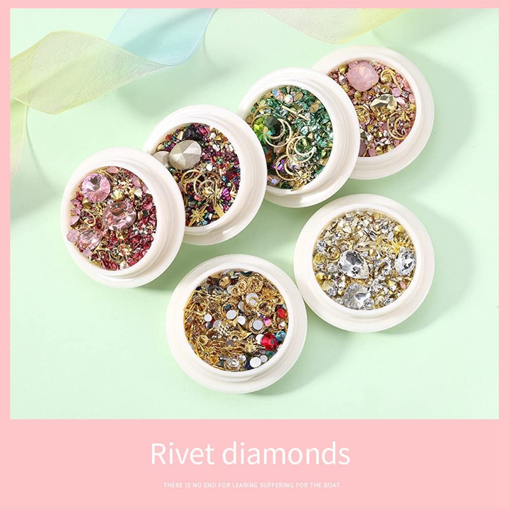 MAYCREATE® 6 Boxes Mixed Nail Art Rhinestones Diamonds Crystals Beads Gems with Tweezer for 3D Nails Art Decoration Nail Art Supplies