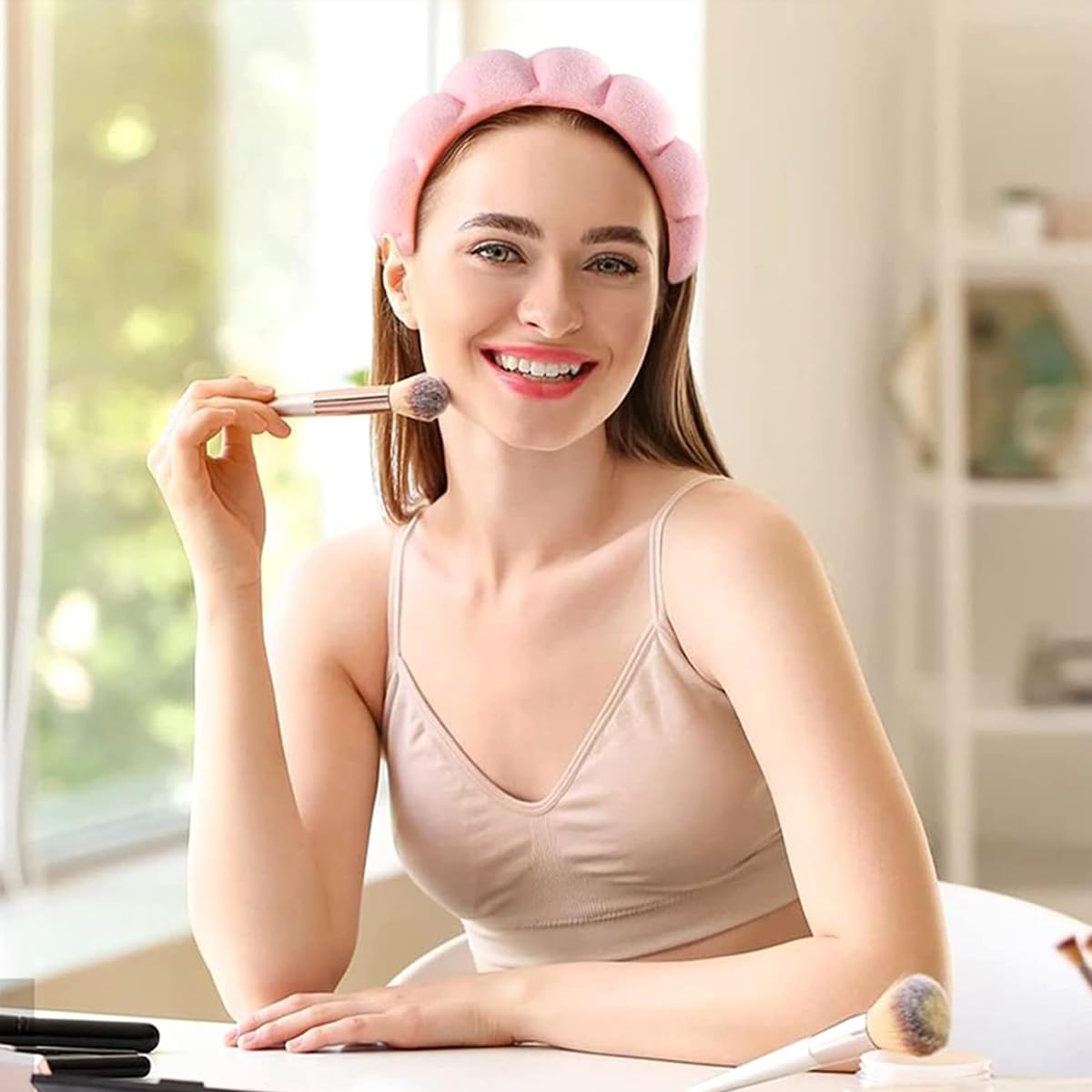 MAYCREATE Spa Facial Headband for Face Washing with Anti Slip Terry Cloth | Pink Hair Band for Women and Girls Makeup