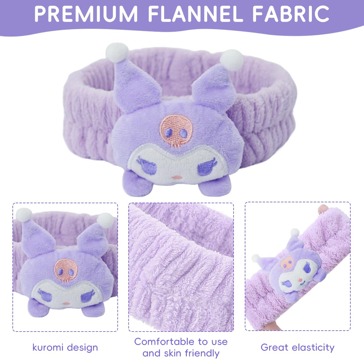 MAYCREATE Kuromi Spa Headband for Skincare with Elastic Plush 3Pcs Set | Face Wash & Makeup