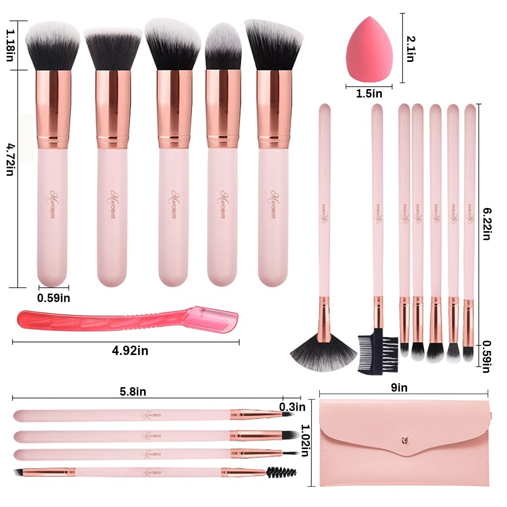 MAYCREATE Makeup Brush Set for Foundation and Eye Makeup 16pcs with Wooden Handles | Pink