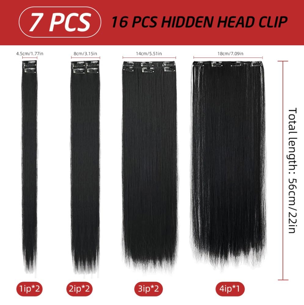 MAYCREATE 7Pcs Hair Extensions for WomenClip Type Black Straight Hair Extension Clips for Women Invisible Natural 22'' Long Seamless Hair Extensions Double Weft
