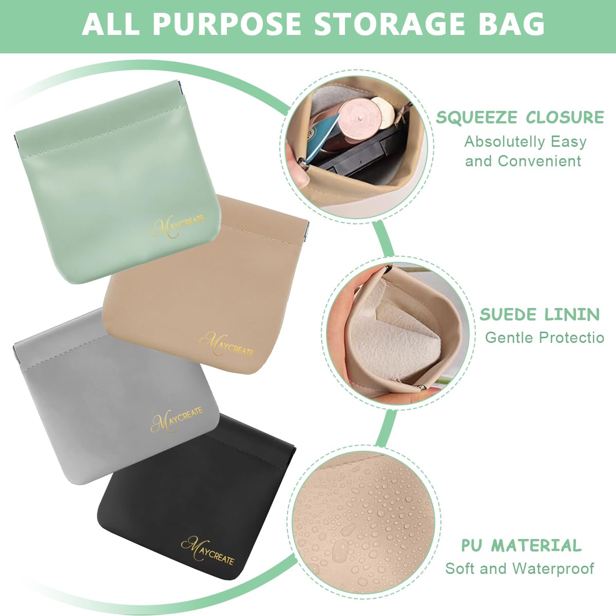 MAYCREATE Pocket Cosmetic Bag Set for Travel and Daily Use featuring Self Closing Design | 4pcs 4.7x4.3in Waterproof PU Pouches for Women