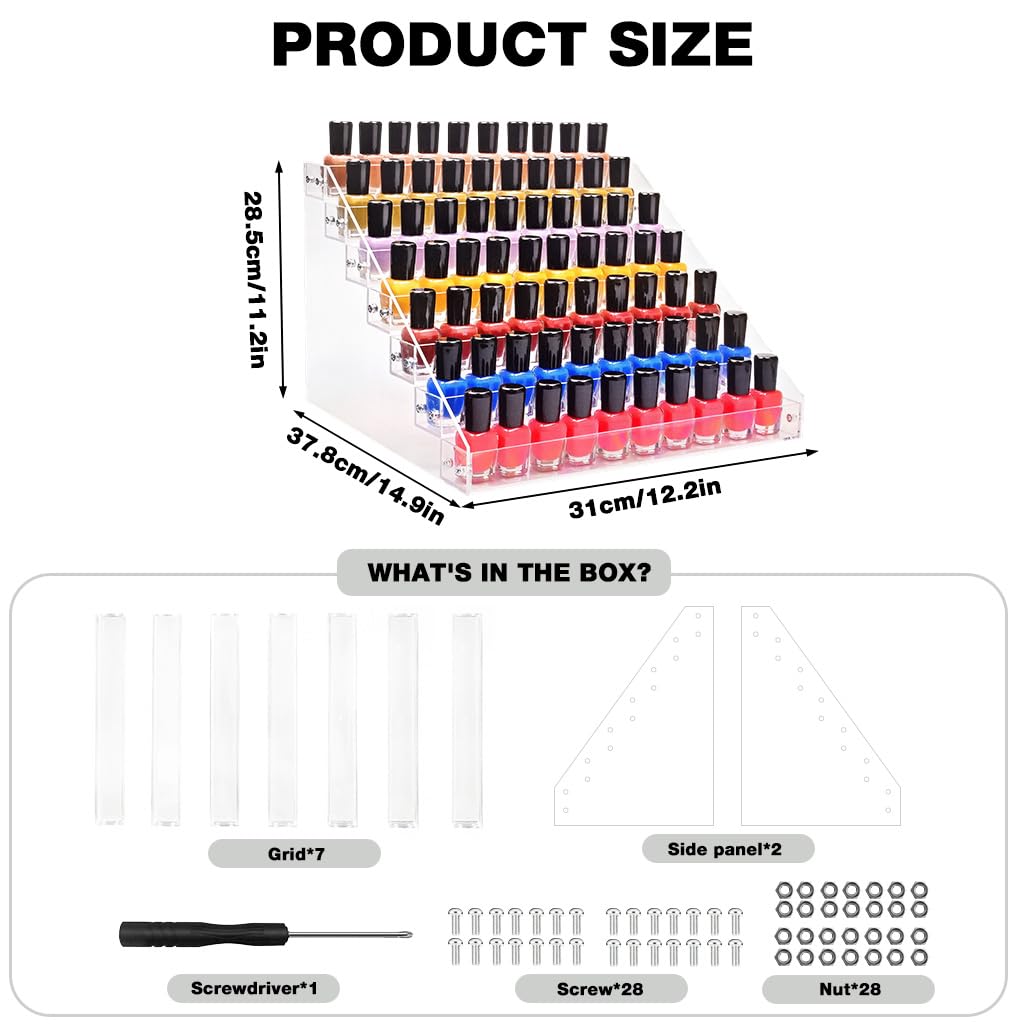 MAYCREATE Nail Polish Organizer Box for Vanity and Salon with 7 Tier Stepped Acrylic Display | 12x15x11 inch