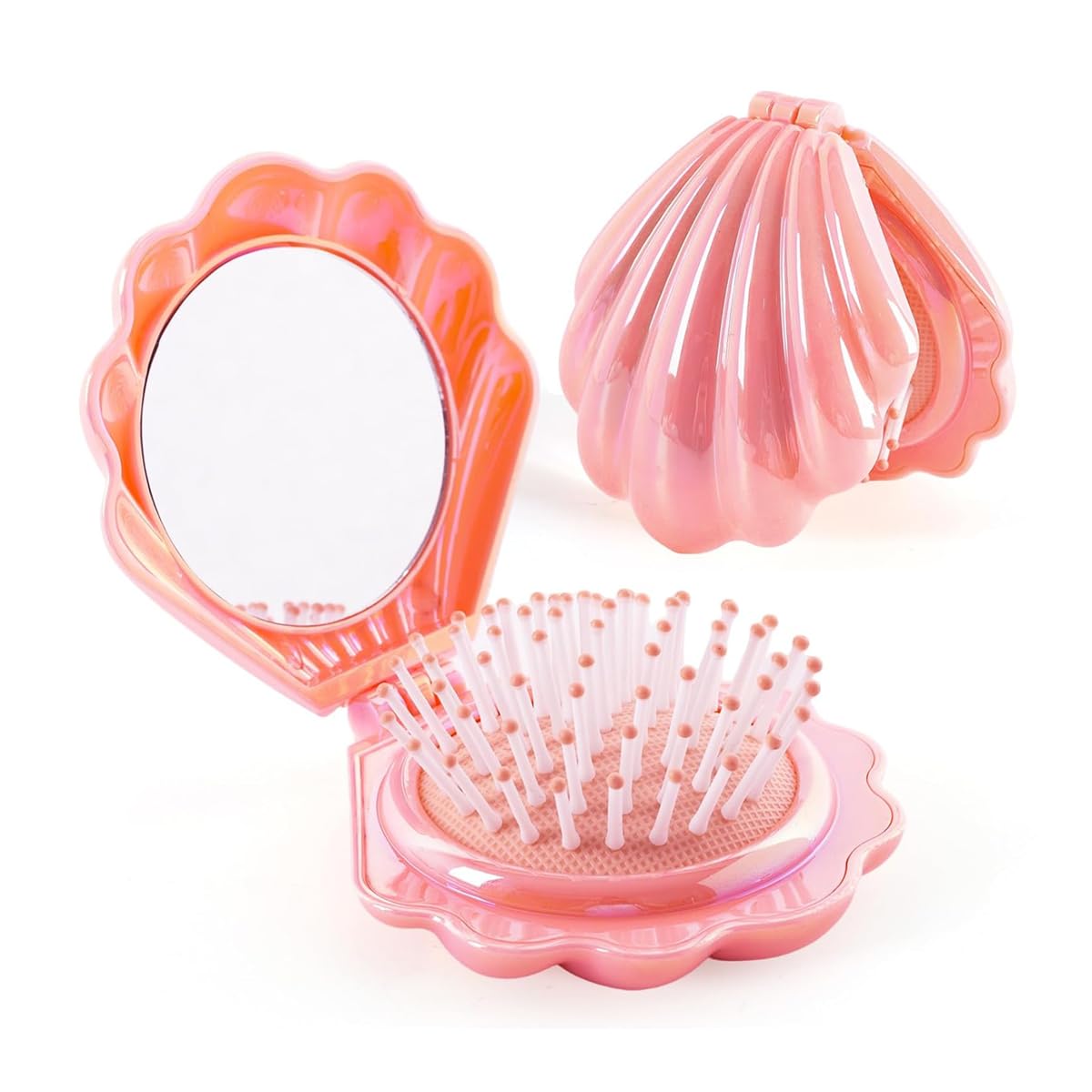MAYCREATE Portable Comb for Travel with Built-In Mirror and Scalp Massage Brush | Pink Seashell