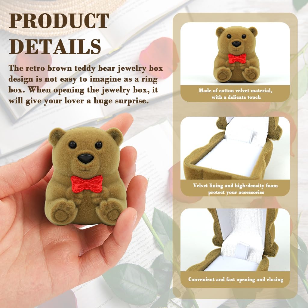 MAYCREATE Ring Box for Gifting with 56x46x38mm Compact Design and Soft Plush Brown Bear | Jewelry Storage
