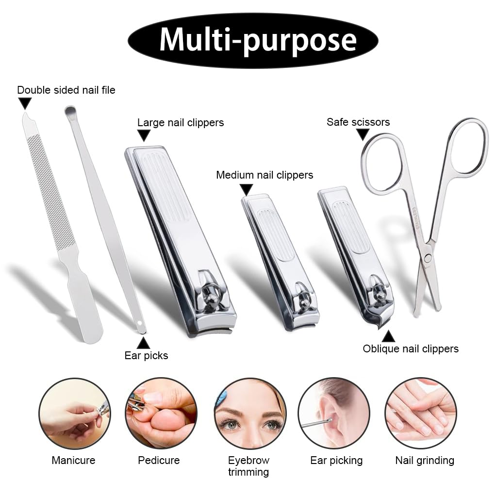 MAYCREATE® Travel Nail Clipper Set with Storage Pouch Set of 6Pcs Stainless Steel Nail Clippers Toe Nail Clipper Curved-Edge Nail Clipper Nose Hair Trimmer Nail Filer Earwax Remover