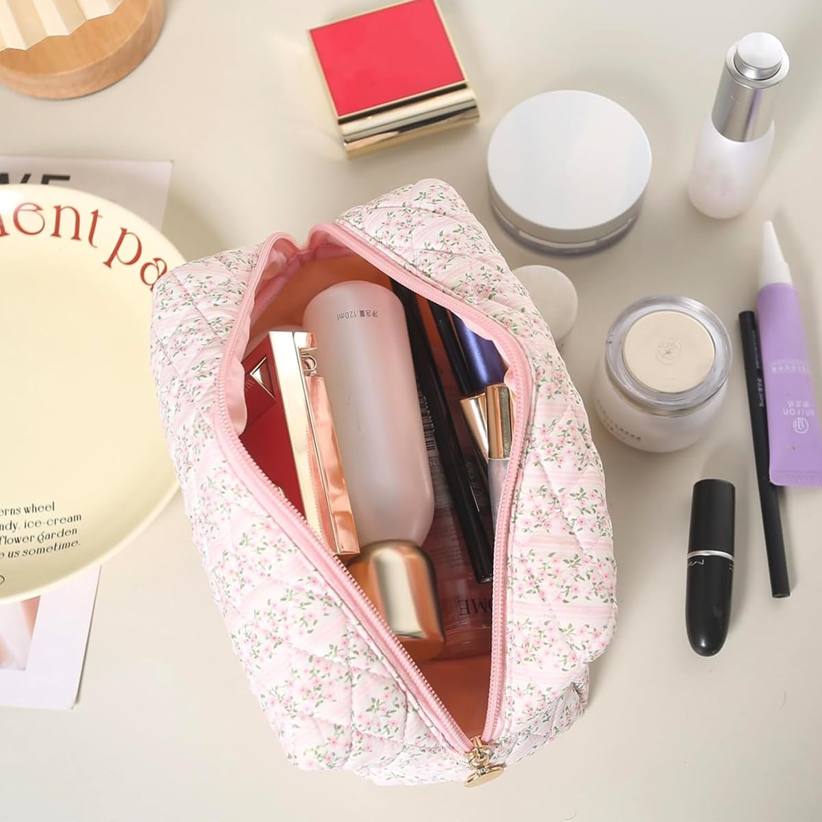 MAYCREATE Makeup Organizer Bag for Travel with Soft Zipper Closure, 20.5x9x9.5cm Pink Floral Pouch | Ideal Gift for Women