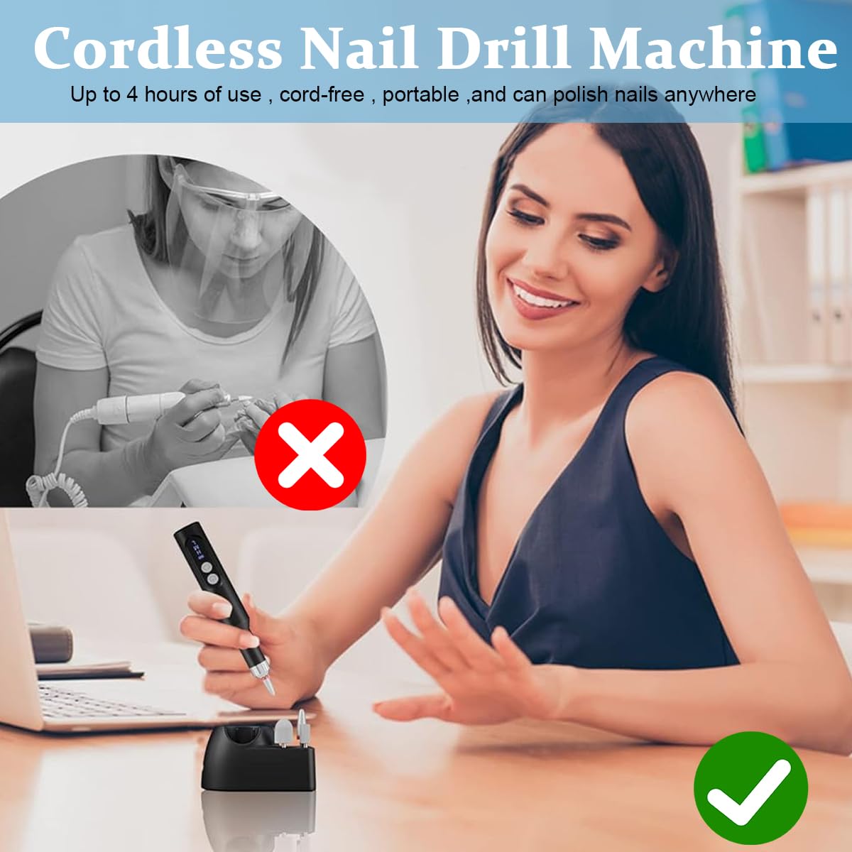 MAYCREATE Cordless Nail Drill Machine for Gel & Acrylic Nails with LCD Display 20000rpm | USB Rechargeable 500mAh Battery